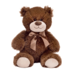 Brown teddy bear with a satin ribbon bow on a white background