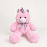 Pink plush unicorn teddy bear with a colorful ribbon bow