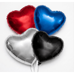 Four heart-shaped balloons in red, blue, silver, and black