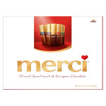 Box of Merci assorted chocolates with red and gold packaging