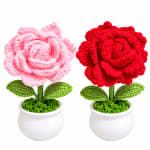 Two crocheted flowers in white pots, one pink and one red