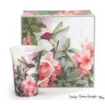 Floral hummingbird mug with matching gift box featuring pink blossoms and green foliage artwork