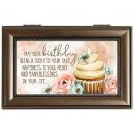 Framed birthday plaque with a cupcake and floral illustration