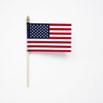Small American flag on a wooden stick against a white background