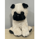 Plush black-and-white dog toy sitting upright