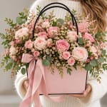 Pink roses and small white flowers arranged in a pink gift box with a ribbon.