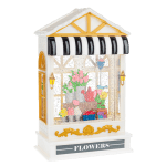 Decorative flower shop display with colorful potted blooms in a miniature storefront