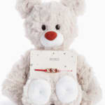 Plush teddy bear holding a small XOXO bracelet card