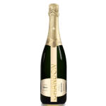 Bottle of sparkling wine with gold foil top and cream label on a white background