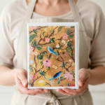 Person holding a floral greeting card with birds and blossoms