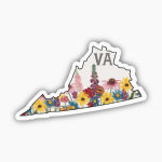 Virginia-shaped sticker with colorful flowers and the letters VA