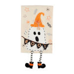 Halloween ghost decoration with an orange hat and BOO banner