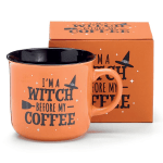 Orange Halloween mug and matching gift box with witch-themed text