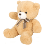 Plush teddy bear with a ribbon bow on a white background