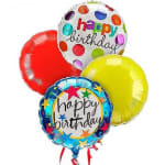 Cluster of colorful birthday balloons with printed messages