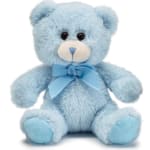 Light blue teddy bear plush with a matching ribbon bow around its neck.