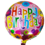 Round birthday balloon with colorful "Happy Birthday" text