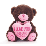 Brown teddy bear holding a pink heart with text