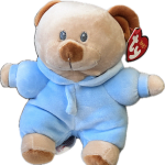 Plush teddy bear in a blue outfit with a Ty Baby tag