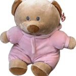Plush teddy bear in a pink hooded outfit