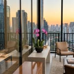 Potted pink orchids on a table in a modern room with city views