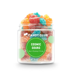 Jar of multicolored sour gummy candies labeled Candy Club Cosmic Sours