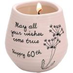 Pink candle holder with a lit candle and birthday message