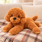 Plush brown teddy dog lying on a plaid blanket