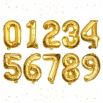 Gold number balloons on a white background with confetti stars