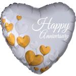 Heart-shaped silver balloon with gold and white hearts and Happy Anniversary text