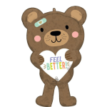 Brown teddy bear-shaped balloon holding a "Feel Better" sign