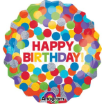 Round birthday balloon with colorful polka dots and "Happy Birthday" text
