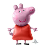 Pink pig-shaped foil balloon in a red dress with an Anagram logo