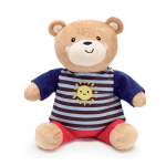 Plush teddy bear wearing a striped shirt with a sun graphic