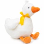 Plush white duck with an orange beak and feet, tied with a yellow ribbon