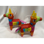 Two colorful donkey piñatas on a white background