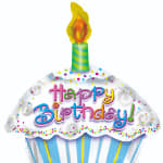 Birthday cupcake-shaped balloon with colorful lettering