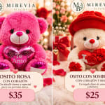 Pink and white teddy bears holding heart pillows with roses