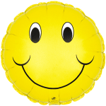 Yellow smiley-face foil balloon on a white background
