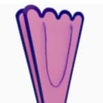Pink scalloped gift bag with purple trim on a white background