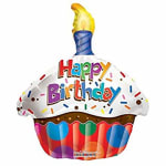 Cupcake-shaped Happy Birthday balloon with colorful sprinkles and a lit candle design