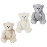 Three plush teddy bears in cream, white, and gray with ribbons