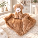 Plush teddy bear holding a soft brown blanket