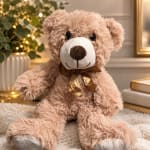 Plush teddy bear with a gold ribbon bow sitting indoors