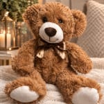 Brown teddy bear with a satin bow sitting on a blanket beside a lantern candle