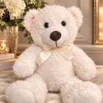 Cream teddy bear with a satin bow sitting indoors
