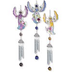 Set of three colorful metal angel wind chimes with silver tubes and hanging beads.