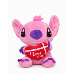 Pink plush character holding a red heart that says I Love you