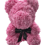 Pink rose teddy bear with a black ribbon bow