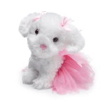 White plush puppy wearing a pink tulle dress and bow